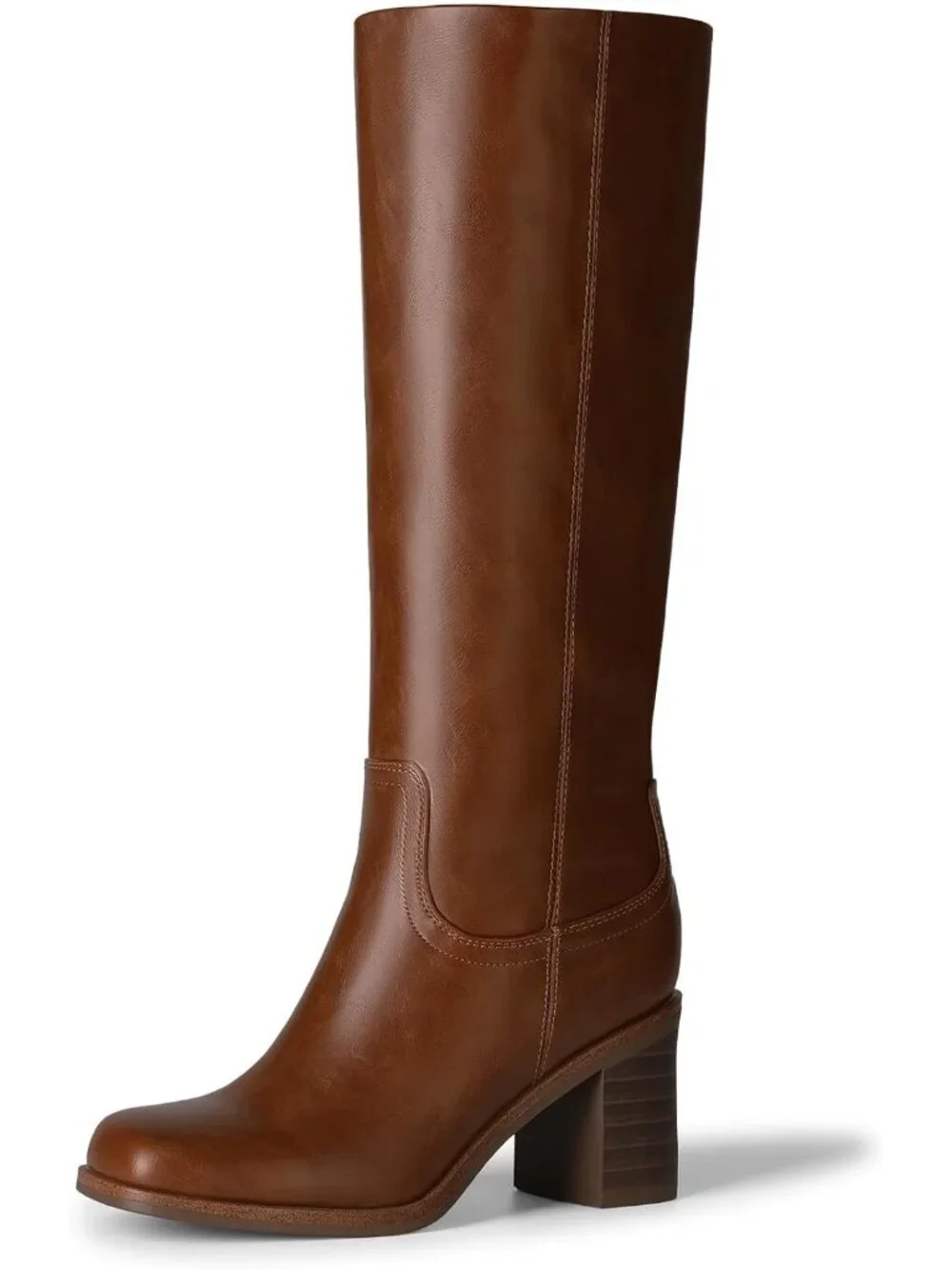 Women's Brown Chunky Block Heel Square Toe Faux Leather Long Knee High Boots